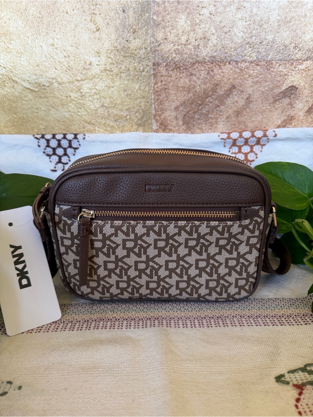 NEW DKNY Shoulder Crossbody Monogram Adjustable Strap Brown/Tan Faux Leather Bag